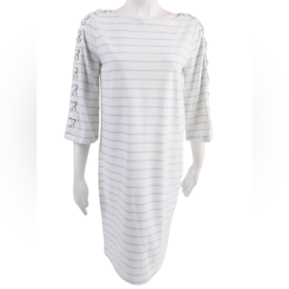 Ralph Lauren White/Blue Boat Neck Shift Dress with Laced Sleeve SZM - Picture 2 of 8